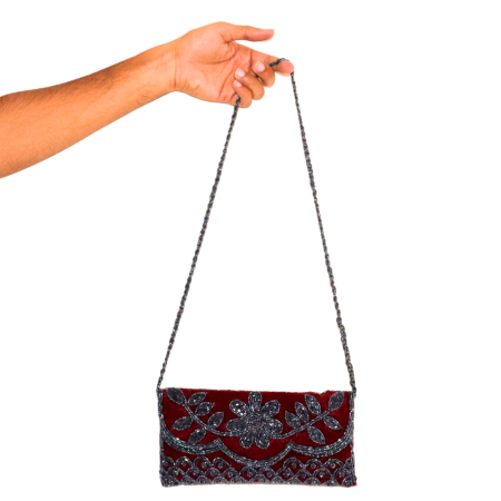 Handmade Velvet Beaded Clutch Bag with Chain Strap in Red Floral Design
